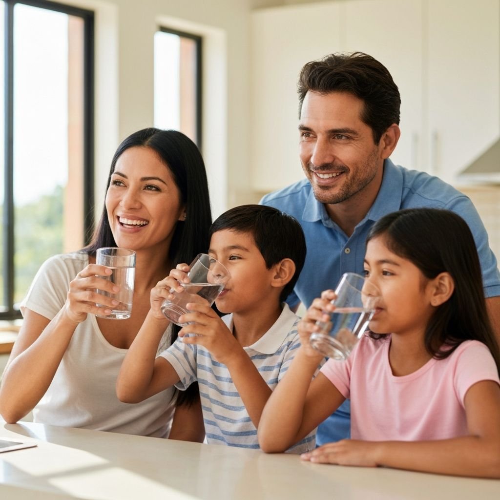 Familia feliz bebiendo agua limpia